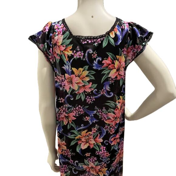 VTG Vanity Fair Floral Nylon Nightgown M Black Pink Lace Trim Made in USA‎ - Picture 9 of 15